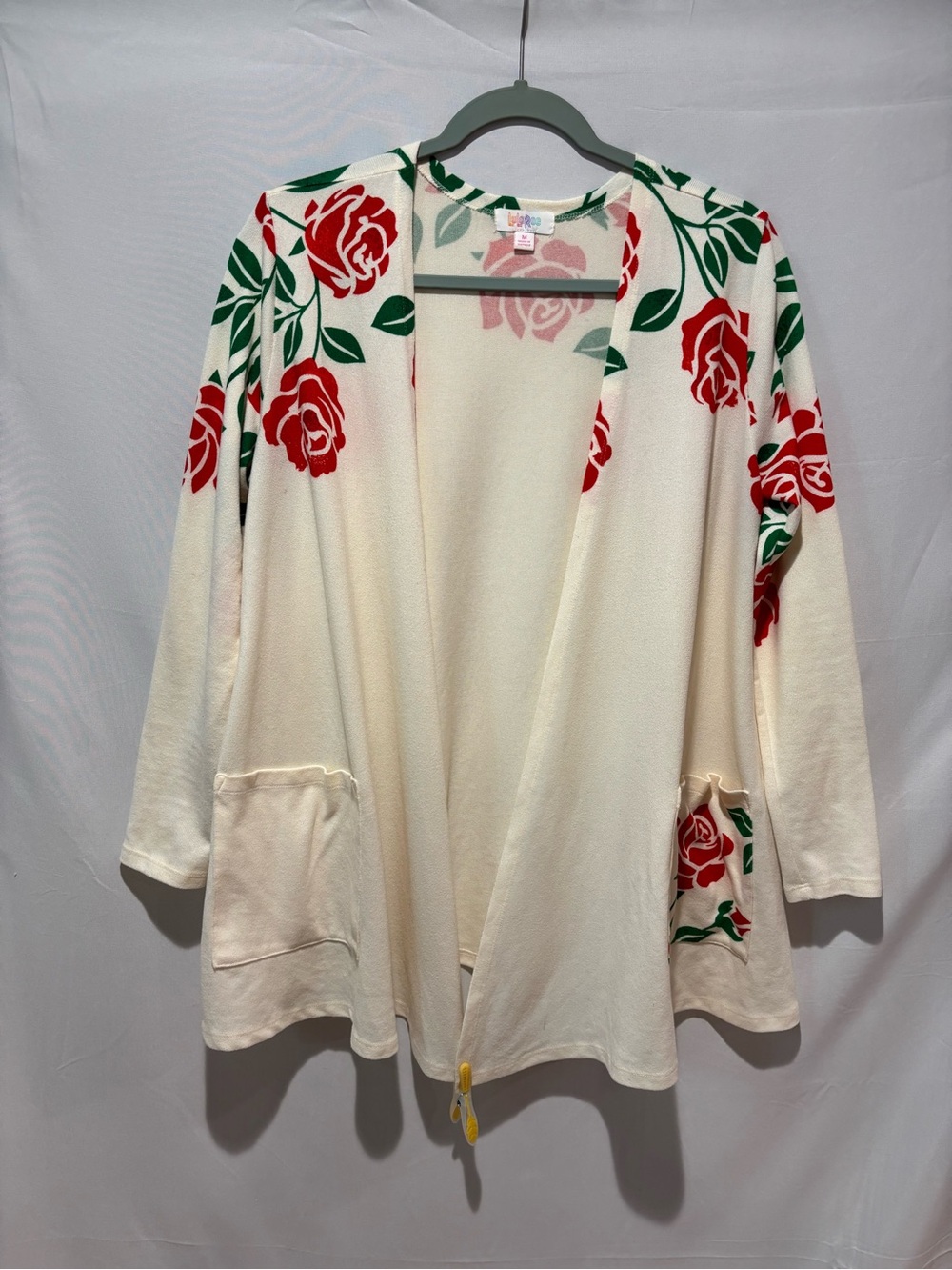LuLaRoe Cream Open-Front Cardigan with Red Rose Print